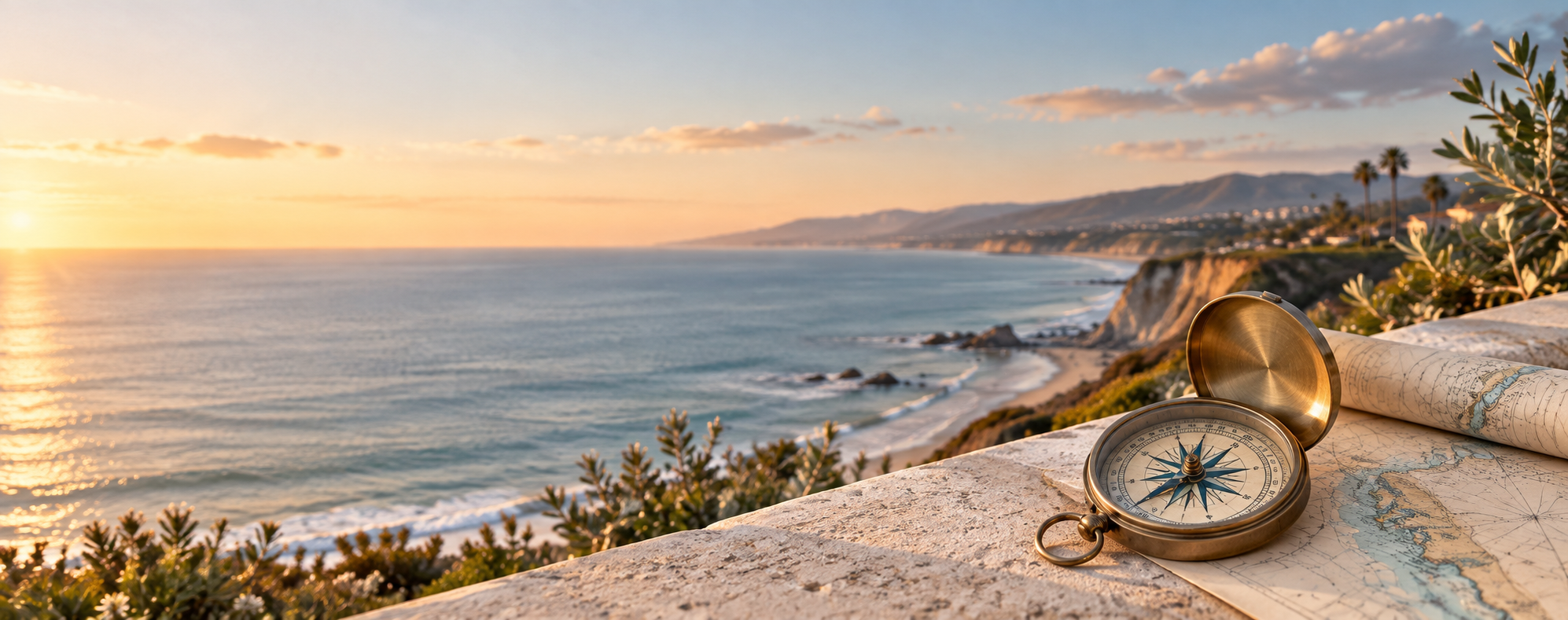 Peaceful Southern California coast with a compass and map